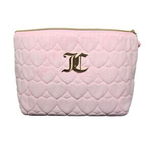 JUICY COUTURE PINK QUILTED HEARTS COSMETIC BAG – GOLD JC LOGO, ZIP TOP